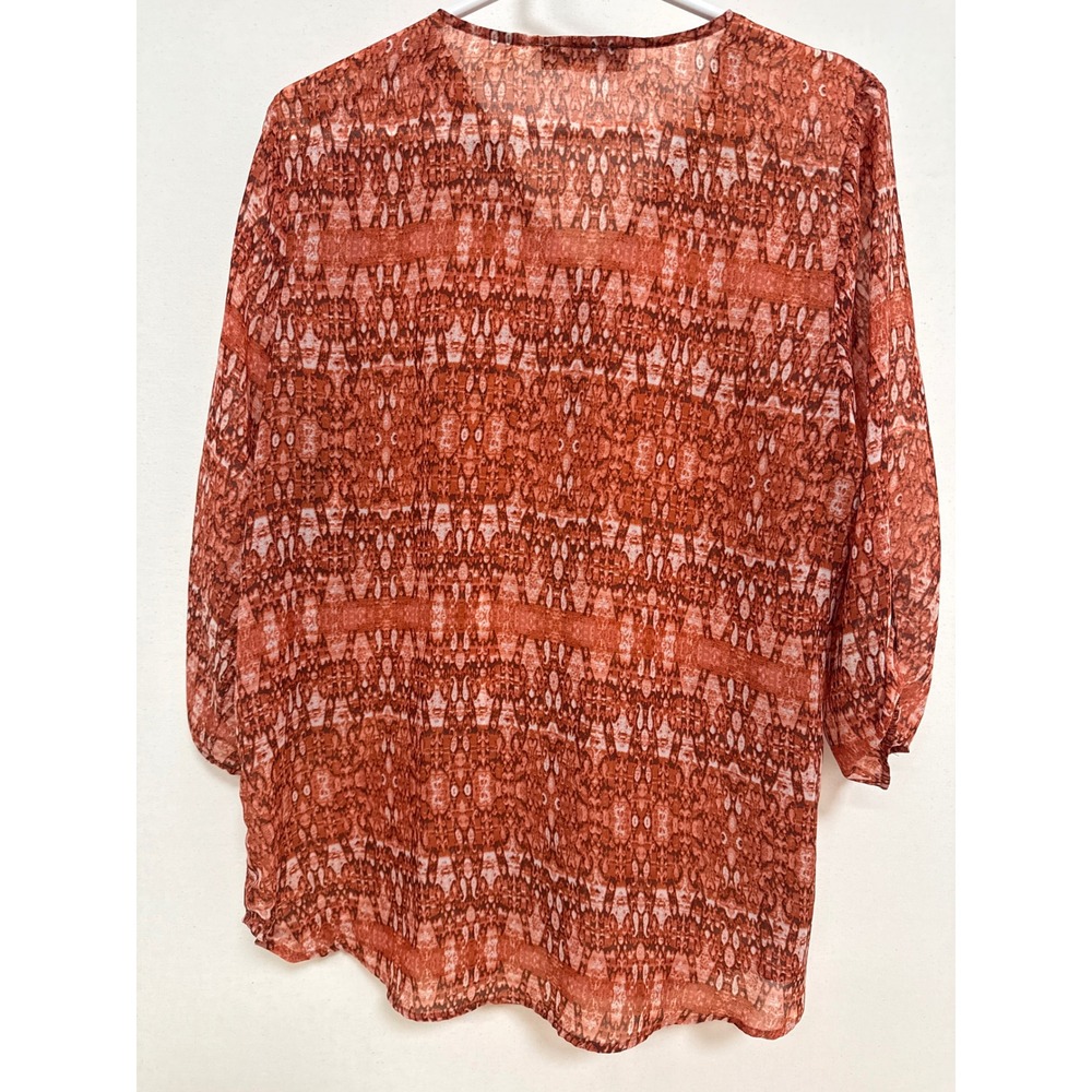 Fred David Orange White Abstract Print Button Front V-Neck 3/4 Sleeve Blouse